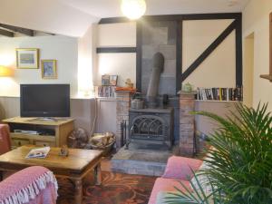 a living room with a fireplace and a tv at The Den in Amlwch