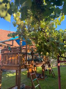 a wooden playground in a park with a tree at Malý penzion U Meruňky 