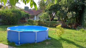 Casa de Huéspedes Muñiz sobre parque de 1000m2, 1 dormitorio, 20m2 cubiertos, baño con ducha, pileta cilíndrica de 3x076 في Muñiz: حوض أزرق جالس في العشب في ساحة