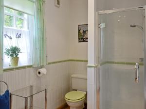 a bathroom with a toilet and a glass shower at Little Blackhall Lodge in Banchory