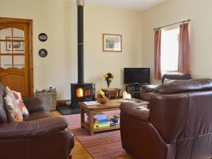 a living room with leather furniture and a wood stove at Eithinog in Talybont