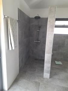 ein Bad mit einer Dusche und Fliesenboden in der Unterkunft Jags villa in Plaine Magnien