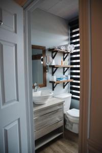 a bathroom with a sink and a toilet and a mirror at Auberge Beausejour in Amqui