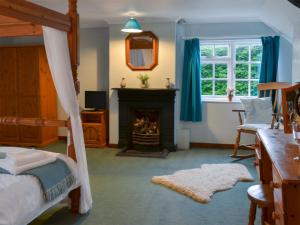 a bedroom with a fireplace and a bed and a window at Gingers Cottage in Marhamchurch