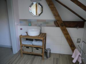 W łazience znajduje się umywalka i lustro. w obiekcie Schlossbahnhof Ballenstedt w mieście Ballenstedt