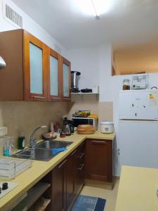 a kitchen with a sink and a white refrigerator at Enjoy home in Jerusalem