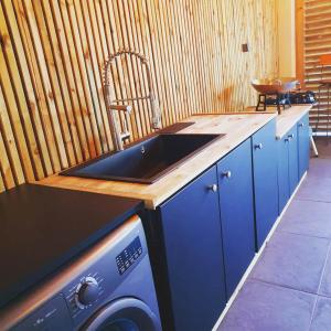 a kitchen with a sink and a washing machine at ô Langevin , Logement avec véhicule in Saint-Joseph