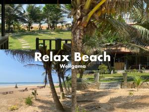 a beach with a palm tree and the words relax beach at Relax Beach Resort in Weligama