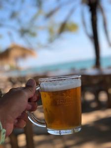 una persona está sosteniendo una taza de cerveza en Villa Fortuna, en Alcanar