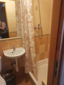 a bathroom with a sink and a shower curtain at Kwatera prywatna u Janiny in Biały Dunajec