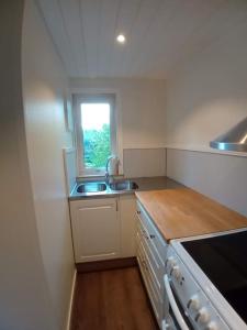 a small kitchen with a sink and a window at Nyrenoverad charmig gäststuga med sovloft i Järpen in Järpen