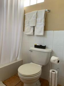 uma casa de banho com um WC branco e toalhas em Hotel La Posada del Angel em San Salvador