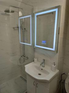 ein weißes Badezimmer mit einem Waschbecken und einem Spiegel in der Unterkunft Blackwood Hill in Belgrad