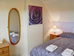 a bedroom with a bed and a mirror at Salfur in Rhiw