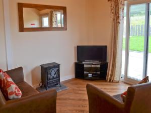 a living room with a tv and a stove at Y Gorlan in Llanllechid