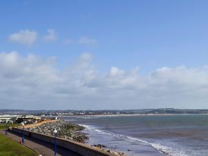 a view of a beach with a pier and the ocean at Flat F1 in Dawlish Warren