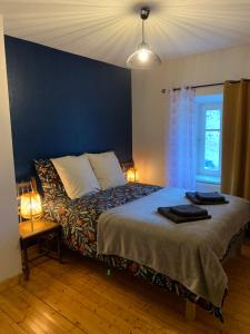 1 dormitorio con 1 cama con pared azul en Gîte de SAY, en Gelles