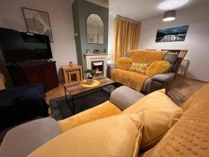 een woonkamer met banken, een tv en een open haard bij Lovely Stylish 3 Bed House with Free Parking in Norwich