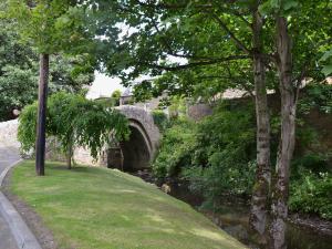 un pont sur une rivière dans un parc arboré dans l'établissement Castle Smiddy - 27900, à Ceres