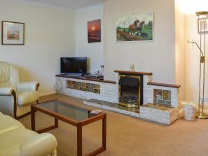 uma sala de estar com lareira e televisão em Erwlon em Rhyd Owen