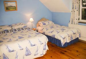 2 camas en un dormitorio con paredes azules en The Well Meadow B&B, en Nenagh