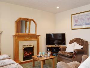 a living room with a fireplace and a tv at Ross Cottage in Cairneyhill