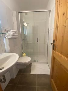 ein Bad mit einer Dusche, einem WC und einem Waschbecken in der Unterkunft Gästehaus Lemmerer in Obersdorf