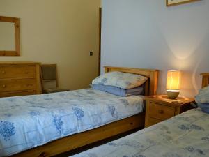 um quarto com 2 camas e um candeeiro numa mesa de cabeceira em Bwthyn Clyd em Llangollen