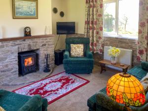 a living room with a fireplace and a couch and chairs at Steep Holm in Kington