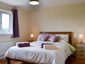 a bedroom with a large bed with two pillows on it at Dolview in Penybont