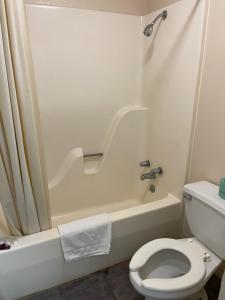 a bathroom with a white toilet and a bath tub at AMERICAN INN Stevenson in Stevenson