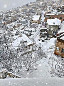 una ciudad cubierta de nieve con casas y edificios en Tower of the sun, en Majdal Shams