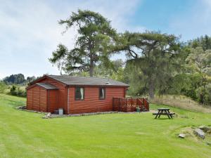 a small cabin in a field with a picnic table at Larch Cottage - S4428 in Kirkton of Glenisla
