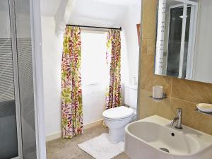 a bathroom with a toilet and a sink at The Thatch Cottage in South Petherwin