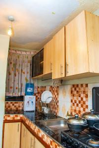 a kitchen with wooden cabinets and a stove top oven at Unique, Stylish Studio Apartment in Kisumu