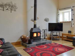 sala de estar con chimenea y alfombra roja en Dol Afon - Hw7588, en Llanuwchllyn