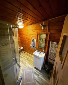ein Bad mit einem Waschbecken und einer Dusche in einer Kabine in der Unterkunft Privát POHODA in Nová ľubovňa