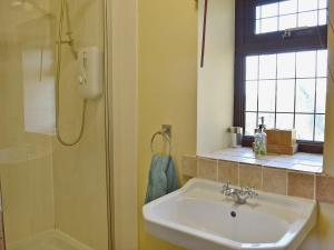 a bathroom with a sink and a shower at Trowley Farmhouse in Llanbedr