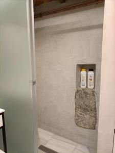 uma casa de banho com duas garrafas de champô num quarto em Refuge in Madrid em Madri