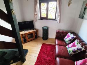 a living room with a couch and a television at Honeysuckle Cottage in Woolacombe