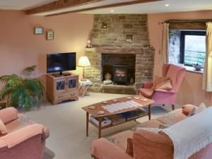 a living room with a stone fireplace and a tv at Ladycroft Barn in Bamford