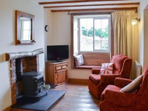 a living room with a fireplace and a tv at Gunluk Cottage in Brompton
