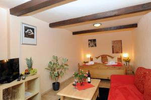ein Wohnzimmer mit einem Bett und einem roten Sofa in der Unterkunft Pension Stettin in Stadt Wehlen