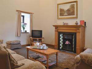 a living room with a fireplace and a coffee table at Ger Yllan in Cross Inn