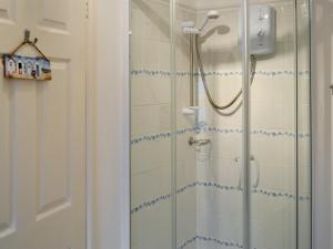 y baño con ducha y puerta de cristal. en Sparrows Nest en Sampford Arundel