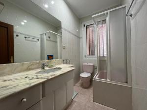 een badkamer met een wastafel, een toilet en een spiegel bij Bonito apartamento muy céntrico in Bilbao