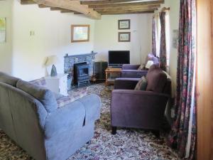 a living room with two couches and a fireplace at Garries Cottage in Bassenthwaite