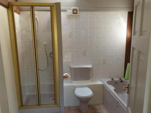 een badkamer met een douche, een toilet en een bad bij Fitling Cottage in Garton