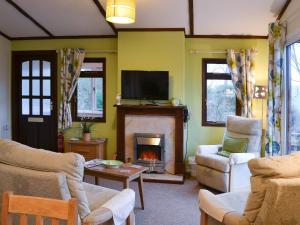 a living room with a fireplace and a tv at Catbank in Bridekirk