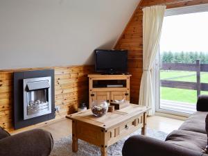 a living room with a fireplace and a tv at Glenlivet View in Auchnastank